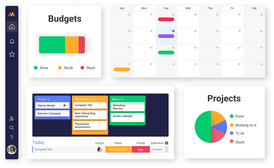 project management boards, kanban, calendar and charts